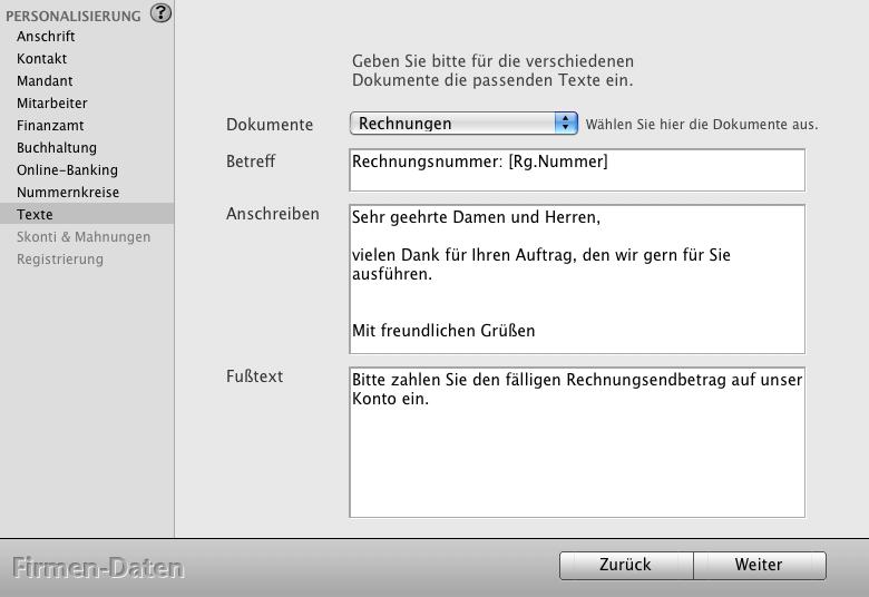 - 27-7.9 Texte Auf der Seite Texte können Sie die Texte eingeben, die dann in Ihren Dokumenten in den Bereichen Betreff, Anschreiben und Fußtext automatisch eingefügt werden.