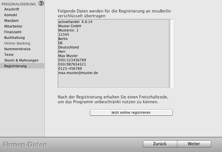 - 29-7.11 Registrierung Abschließend zeigt Ihnen das Programm die Registrierungs-Daten an. Diese können Sie nochmals prüfen und zur Produkt-Registrierung an msuberlin senden.