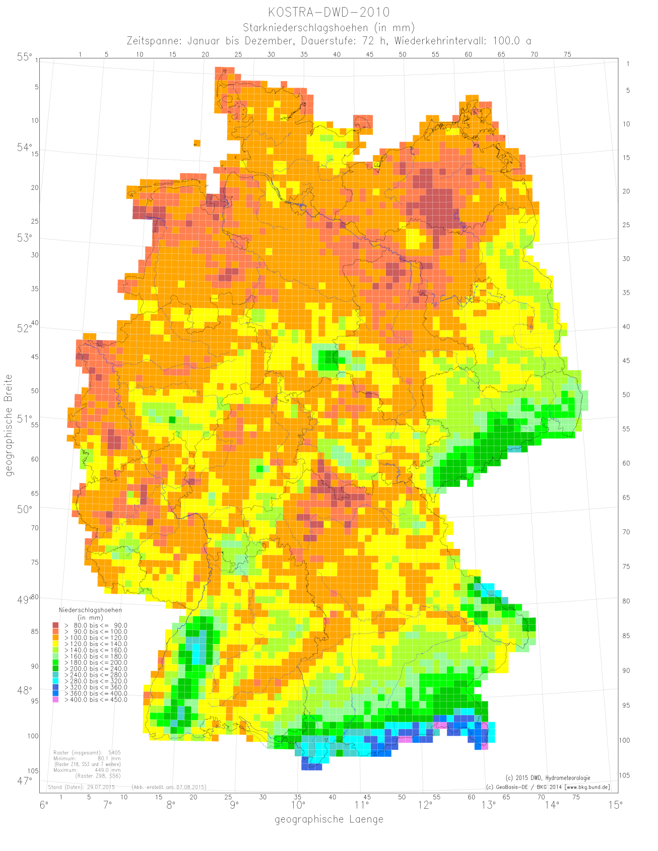Abb. 6: Räumliche Verteilung der Starkniederschlagshöhe (in mm) nach KOSTRA-DWD-2010 für die Dauerstufe D = 72 h und