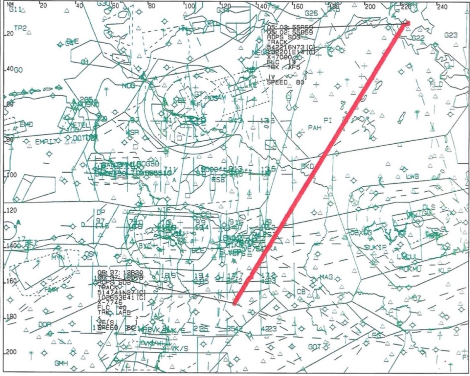 Die Auswertung der lateralen Radarspur ergab, dass das Luftfahrzeug um 06:27:25 UTC um ca.