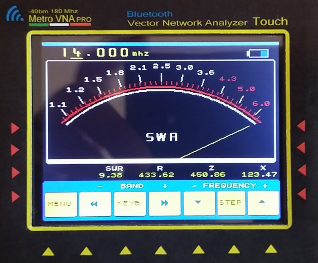 MetroVNA - MENU SWR METER - Handbuch Version Ver 2.0.2 - Menu SWmeter Ein großes virtuelles Messinstrument zeigt das SWR an. Zusätzlich wird der Fußpunktwiderstand numerisch ausgewiesen.