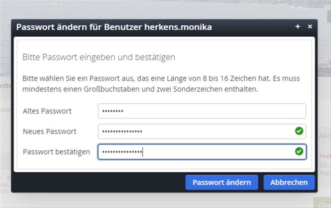 Abbildung 10: die Nutzerinfos und die Editiermaske Passwort ändern Über Passwort ändern erreichen Sie die Eingabemaske für ein neues Passwort.