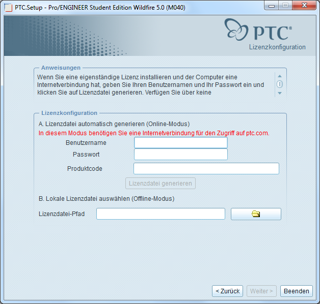 Benutzername und Passwort von PTC-Homepage eingeben, falls nicht vorhanden
