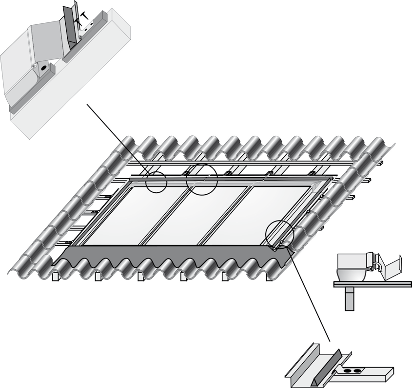 Indachmontage - Mönch-Nonne 15-60 Montage der Eindeckrahmenbleche Dreiecksdichtungsband oben Verblechung oben Holzschraube 4x60 Hafte (2 St.
