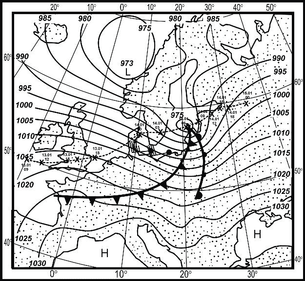 Extreme Niedrigwasser in der südlichen Ostsee 57 Abb. 5.14 a Zugbahn des Tiefdruckgebiets vom 13. Januar 09 UTC bis 15. Januar 1993, 00 UTC; Luftdruck und Windfeld über der Ostsee am 14.