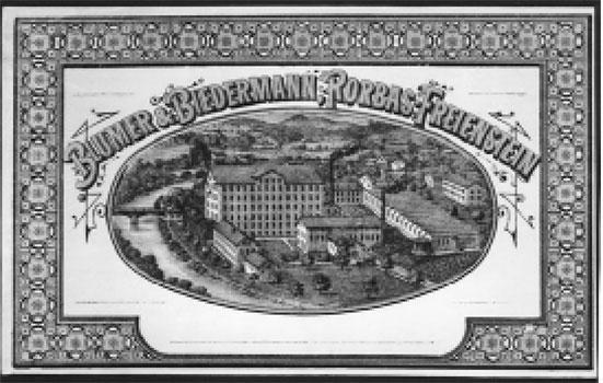 Historische Firmenvignette. Zustand um 1873 94. Original im Firmenarchiv BSC, Freienstein.