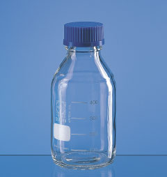 Laborflaschen Laborflaschen DURAN. Mit DIN-Gewinde, ISO 4796. Genoppter Boden, dadurch stand- und kratzfest. Mit Teilung und Beschriftungsfeld. Mit Schraubverschlusskappe und Ausgießring, PP, blau.