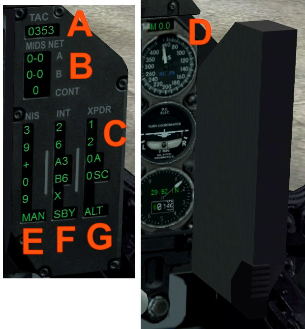 Die TACAN Anzeige auf der rechten Seite Anzeige der aktuellen TACAN Frequenz ( A ), der MIDS Frequenzen ( B ) und in den drei senkrechten Balken die drei verschiedenen Transpondersignale ( C ).