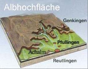 Schichtstufen mit Albtrauf: Blick vom Rossberg (Foto: S. Bub) Modell des Albtraufs (SWR) Blockprofil der Schwäbischen Alb, einer Karstlandschaft (Klett).
