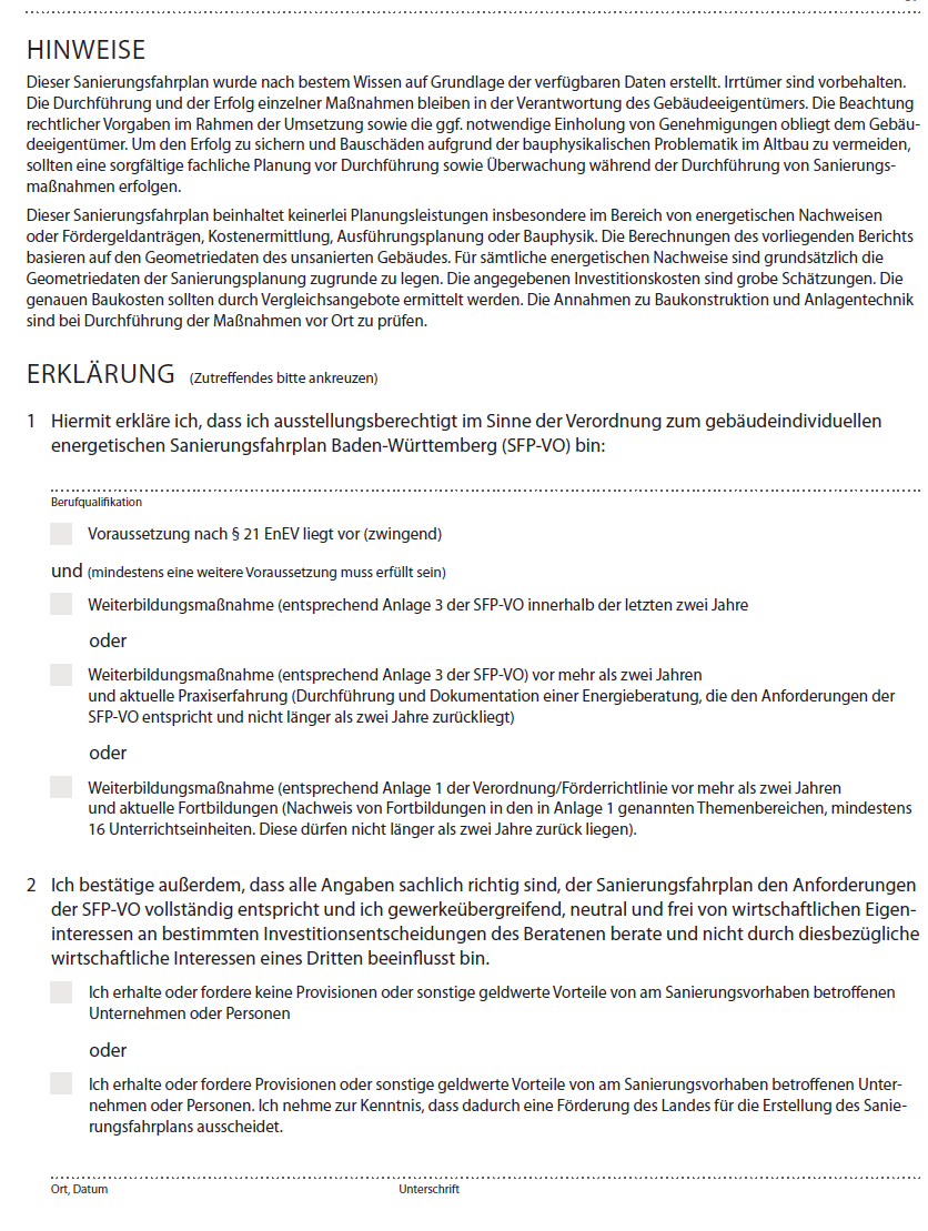 letzte Seite des Mustersanierungsfahrplans - allgemeine Hinweise - Selbsterklärung des