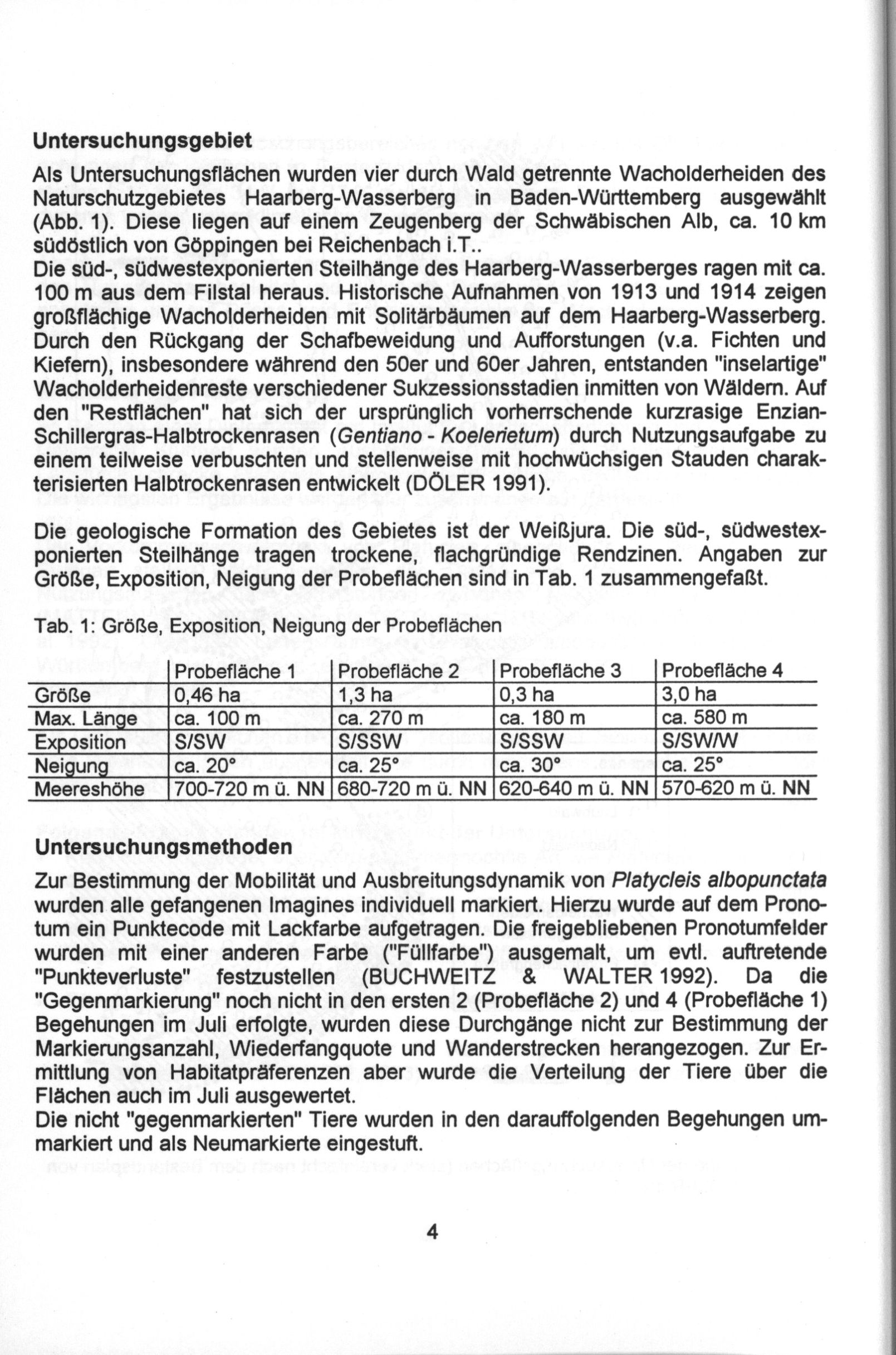 Untersuchungsgebiet Als Untersuchungsflächen wurden vier durch Wald getrennte Wacholderheiden des Naturschutzgebietes Haarberg-Wasserberg in Baden-Württemberg ausgewählt (Abb. 1).