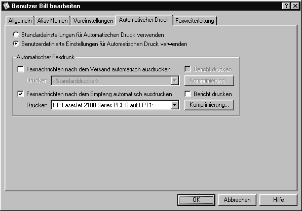 4.1.4. Automatischer Druck Die automatische Druckfunktion lässt sich in ActiveFax benutzerbezogen konfigurieren. Auf diese Weise lassen sich Faxnachrichten bzw.