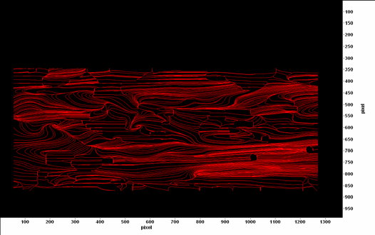 intermittierende Strömung im Transitionsbereich laminar/turbulent (aus, Mittenebene, 1:1 Kanal, Re = 2113)