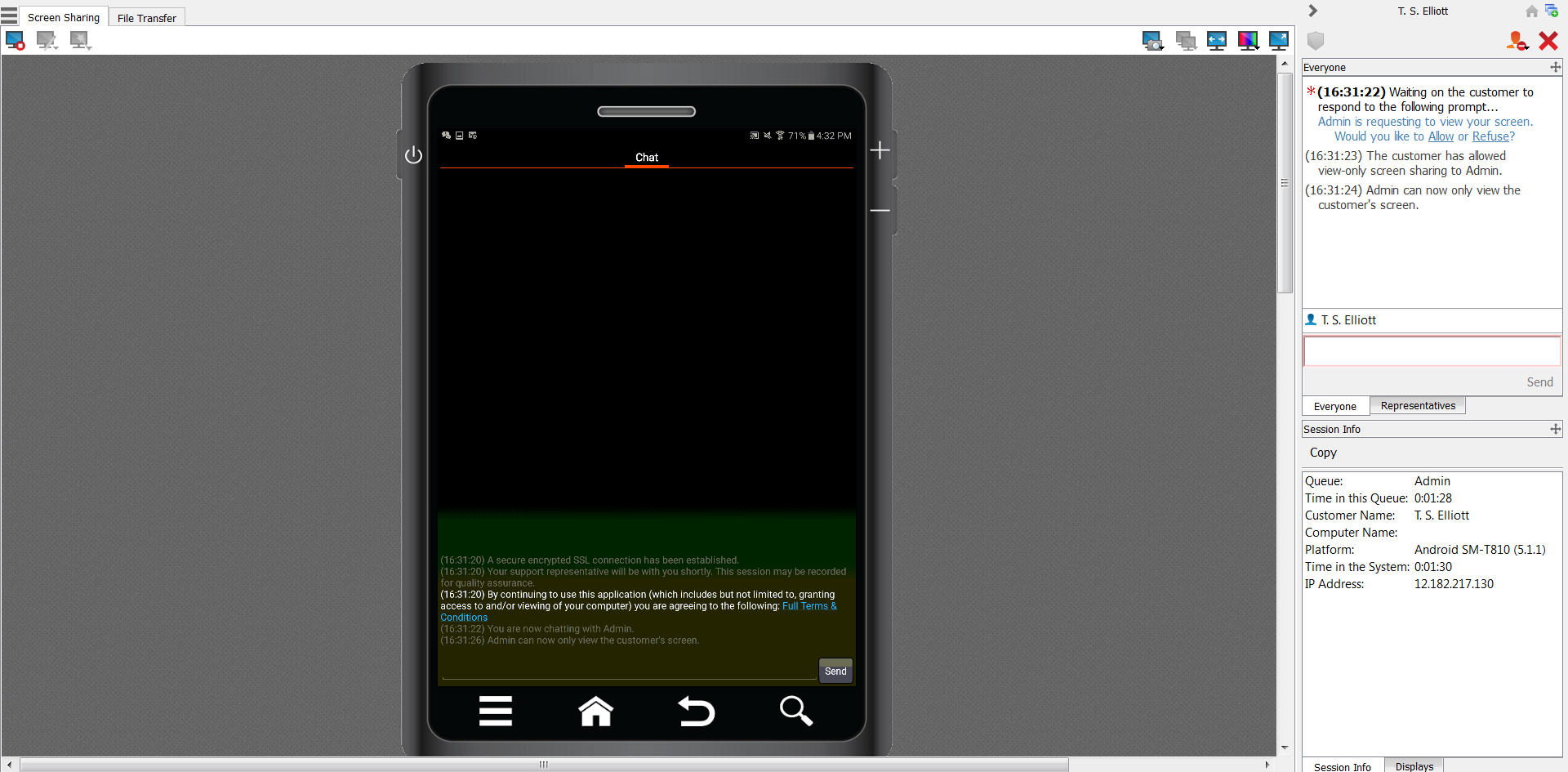 Bildschirmfreigabe auf dem Android-Gerät während einer Connect-Support- Sitzung Tech. Klicken Sie im Sitzungsfenster auf Bildschirmfreigabe, um das Remote-Gerät anzuzeigen.