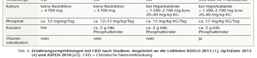 Ernährungsempfehlungen bei CNI nach Stadien aus: