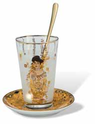 Gustav Klimt Latte Macchiato / Porzellan - Glas Porcelain - Glass Porcelaine - Verre Der Kuss The Kiss Höhe height 14 cm / 0,3 l 66-917-30-3 VE 1 Neu New Adele Bloch-Bauer mit goldenem Löffel with