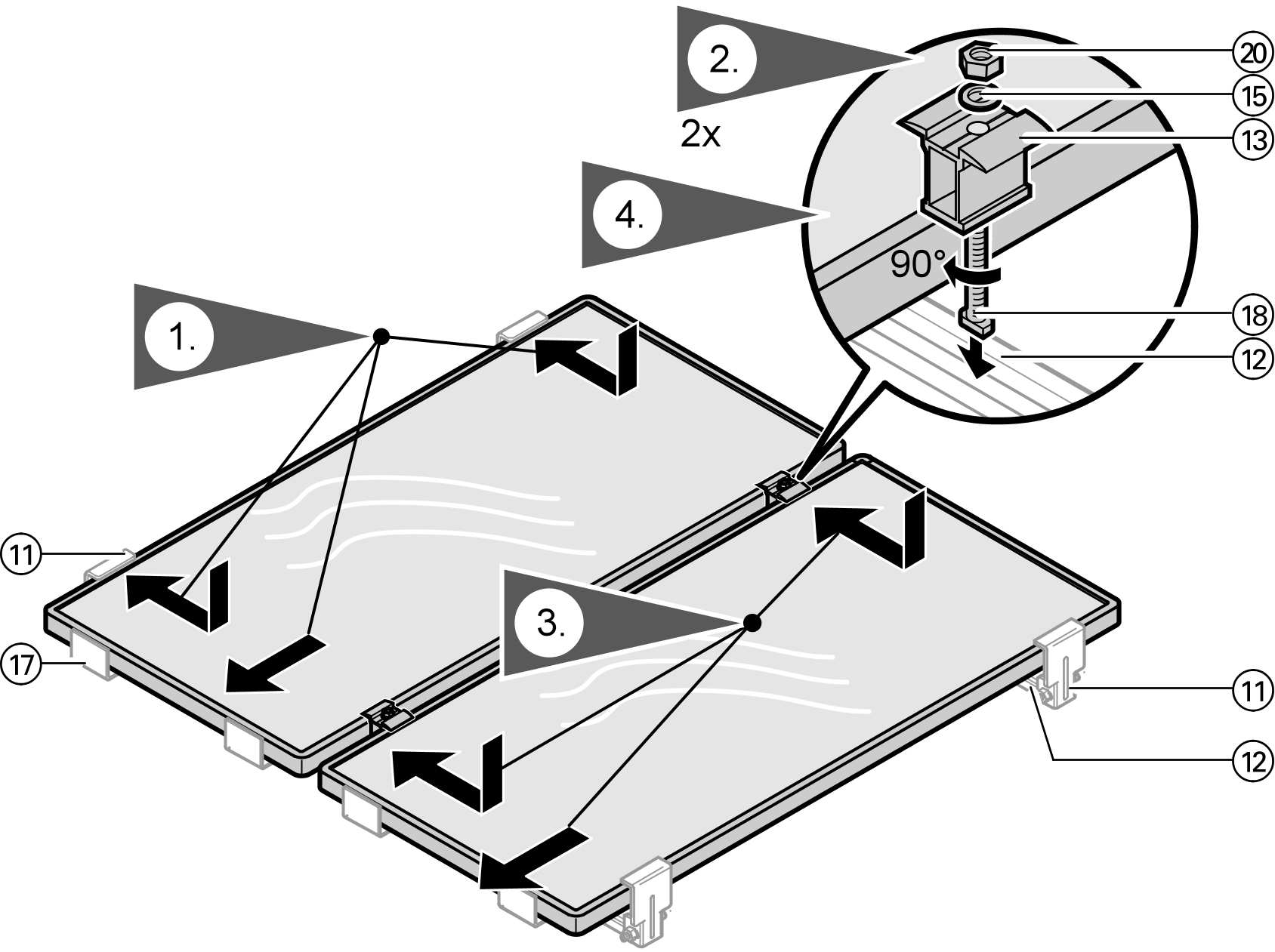 Aufdachmontage PV-Module senkrecht... (Fortsetzung) 3. Montageschienen an die Dachhaken oder Befestigungswinkel schrauben. 4. Montagebleche entsprechend den Maßen in Abbildungen auf Seite 10 bzw.