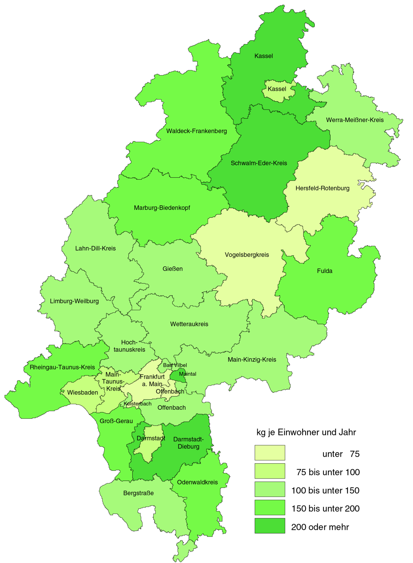 15 Beim einwohnerspezifischen Bioabfallaufkommen lagen im Jahr der Schwalm-Eder- Kreis, die Stadt Maintal und der Landkreis Kassel mit jeweils über 200 kg je Einwohner und Jahr bei der
