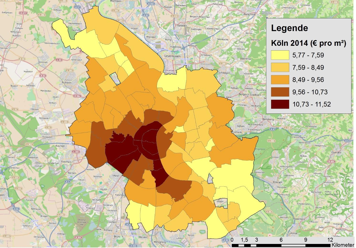 Kölner Stadtteile durchschnittliche Miete pro m² Quellen: ImmobilienScout24, Institut der deutschen Wirtschaft