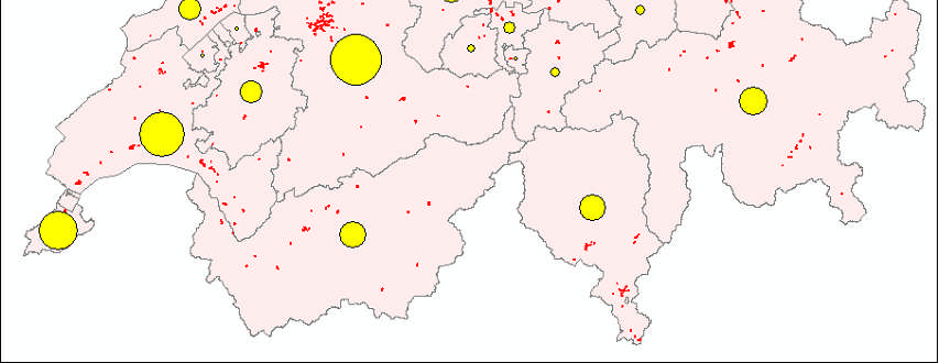 GIS-Analyse: Gebiete von Wohnen und Dienstleistung, Fernwärme-geeignet (3/4) Rote Punkte: 978 Gebiete schweizweit, welche die 3