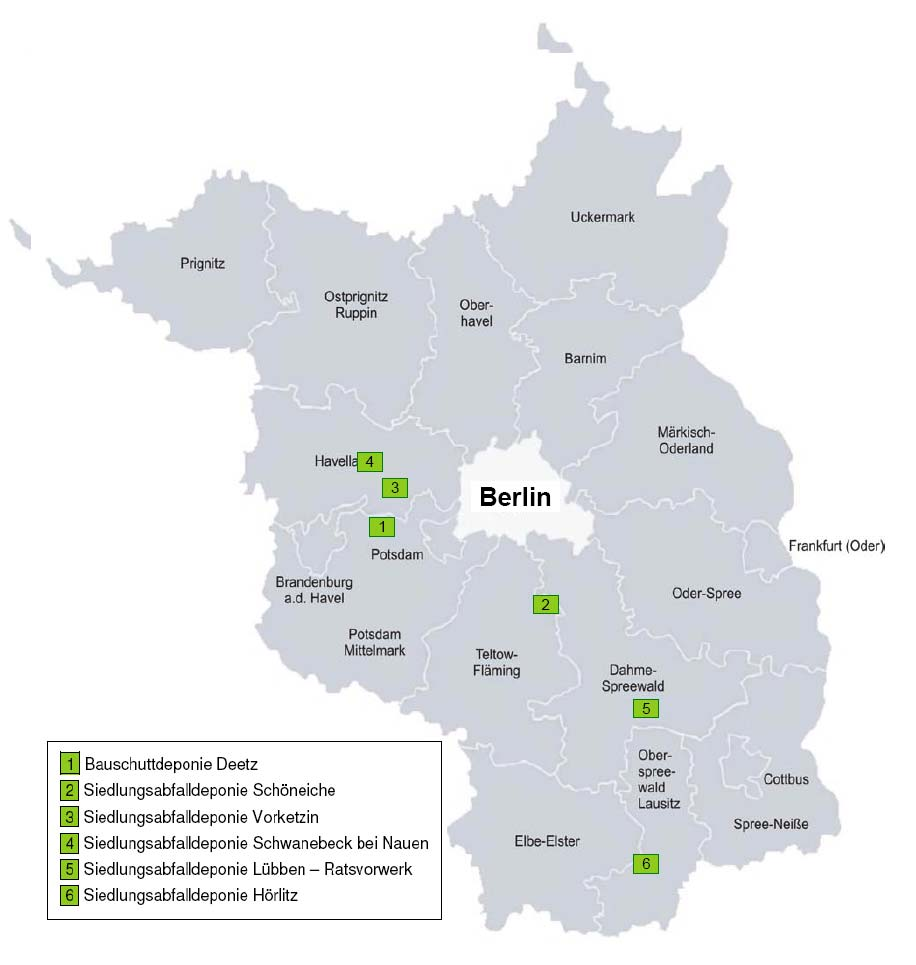 Abbildung 21: Abfalldeponien für mineralische Bauabfälle im Land Brandenburg Das Land Brandenburg hat seinerseits in seinem aktuellen Abfallwirtschaftsplan 2007 /66/ die prognostizierten Abfallmengen