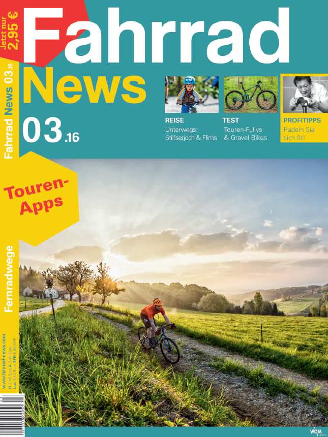 Fahrrad News VDZ: 15510 Ausgabe 3-2016 Copypreis: 2,95 Thematisch sind wir mit der Ausgabe 03/2016 sportlich unterwegs: - Im Test haben wir vollgefederte Touren-Mountainbikes und sportliche Räder mit