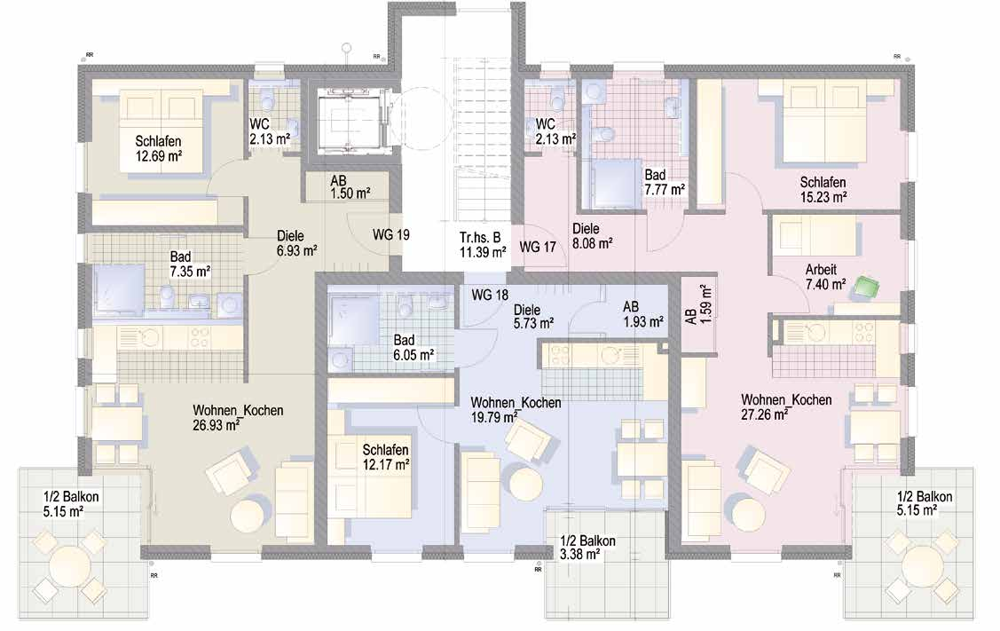 2. Obergeschoss WG 17: 3 Zimmer, 74,61 m 2 WG 18: 2 Zimmer, 49,01 m 2 WG 19: 2 Zimmer, 62,68 m 2