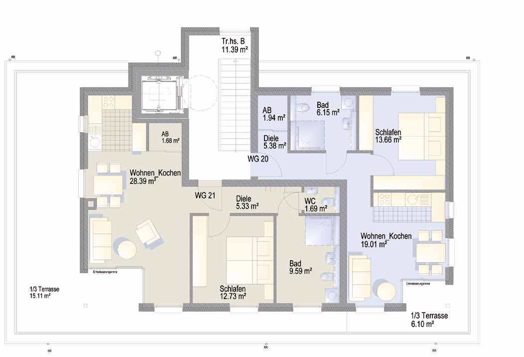 Dachgeschoss WG 20: 2 Zimmer, 52,24 m 2 WG 21: 2 Zimmer, 74,52 m 2 Haus B