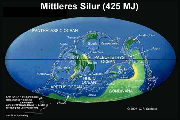 Silur: 444 Millionen Jahre bis 416 Millionen Jahre. Die Verteilung der Kontinente ähnelt im Wesentlichen der im Ordovizium.