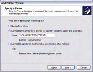 9. Markieren Sie Connect to this printer (Verbindung mit folgendem Drucker herstellen) und geben Sie die Namen von Server und Drucker im folgenden Format ein: \\Servername\Druckername klicken Sie auf