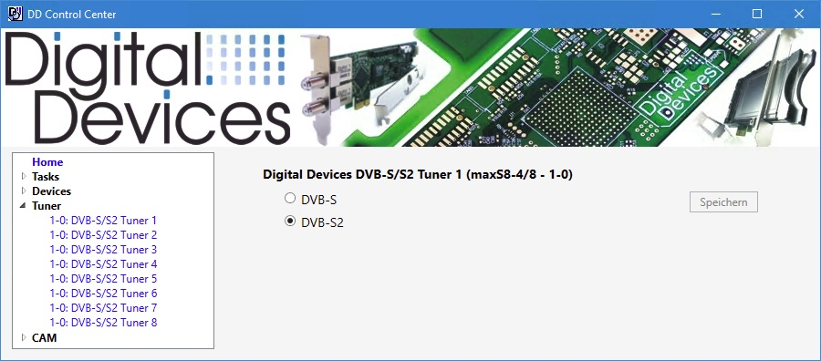 Tuner Typ DVB-C/C2, Festlegung der Empfangsart(en) Mit Auswahl per Checkbox kann gezielt vorgegeben werden, welche Empfangsart verwendet und welche Art Tuner in den Anwendungen angezeigt wird (z.b. "DVB-T ).