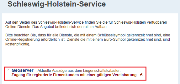 Anschließend öffnet sich die Übersicht Ihrer freigeschalteten Anwendungen im Schleswig- Holstein-Service. Hier klicken Sie bitte auf den Geoserver (rot).