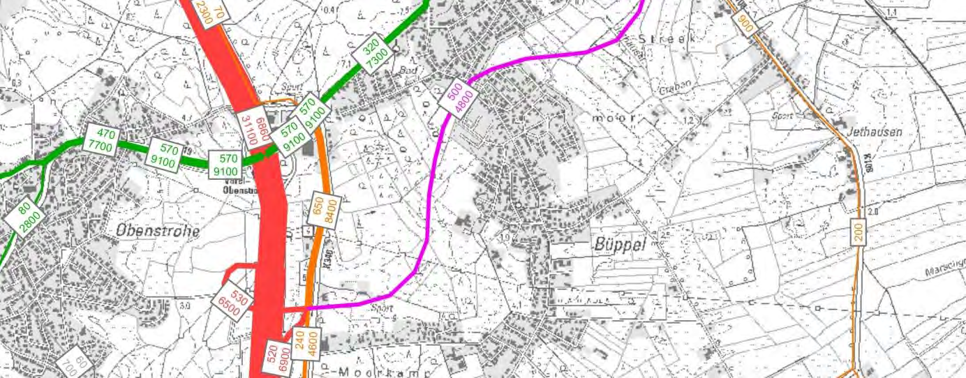 Variante 4 (Ortsumgehung Süd - Kurz mit Verlegung der Anschlussstelle) Das Verkehrsaufkommen der Ortsumgehung liegt bei Variante 4, der südlichen kurzen Linienführung mit Verlegung der