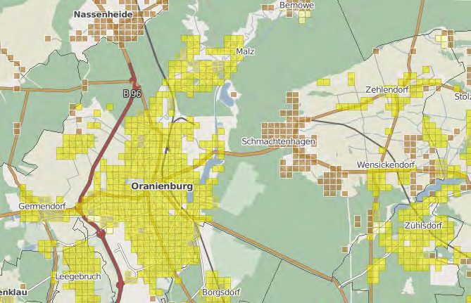 4 Breitbandbedarf und Breitbandverfügbarkeit 43 Abbildung 12: Übersichtskarte Breitbandatlas drahtlose Technologien Stadt Oranienburg 2 Mbit/s Anhand der nachfolgenden Abbildung 13 wird die