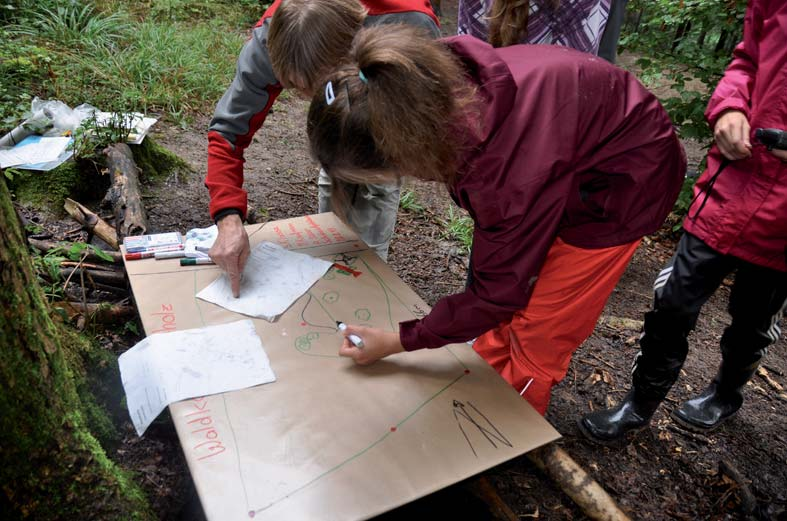 Unterrichtsideen Ablauf 1. Planungsbüro bestimmen: 2 Kinder. Aufgabe: a) Waldfläche vom Aufnahmeblatt auf die A0-Waldkarte übertragen.