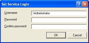 Nach Drücken des Knopfes erscheint folgender Dialog, welcher sie nach dem Benutzerkonto fragt, unter welchem der Windows Service zukünftig laufen soll: Geben sie als Benutzernamen.