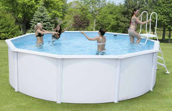 La piscina completa di tutti gli accessori Piscine componibili in acciaio ondulato preverniciato con uno speciale trattamento anticorrosivo. Vasca in PVC K.80 H.Q. trattato anti UV ed antialghe.