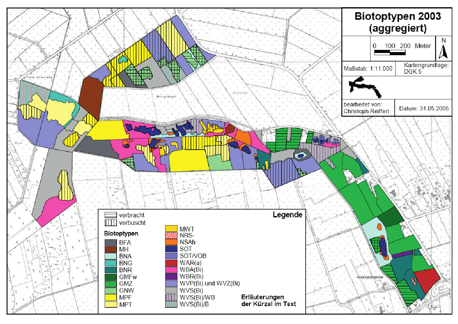 Abb. 4: Aktuelle Karte (2003 2005) der Biotop-Verteilung in der Gellener Torfmöörte. Flächen treten Sphagnum-Arten (v. a. S. palustre) zum Teil mit lokaler Deckung bis 50 % auf.