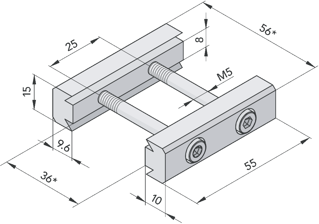 Verbindungselemente Montech für Sigma Achskonfigurationen Spannelement längs-längs SLL-55-4 Verschiebefestigkeit 2 N Anzugsmoment der Schraube 6 Nm Parallelität der gespannten Flächen +/-,2 mm 55 g