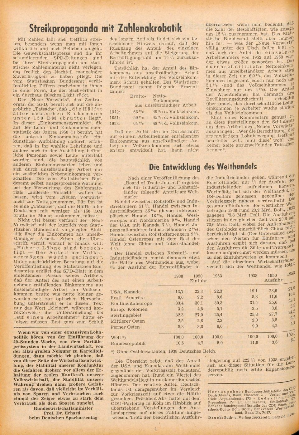 pflegt. Die vom Statitichen Bundeamt veröffentlichten Ziffern ercheinen in ihnen in einer Form, die den Sachverhalt in ein durchau falche Licht rückt. Der Neue Vorwärt", da Zentralorgan der SPD.