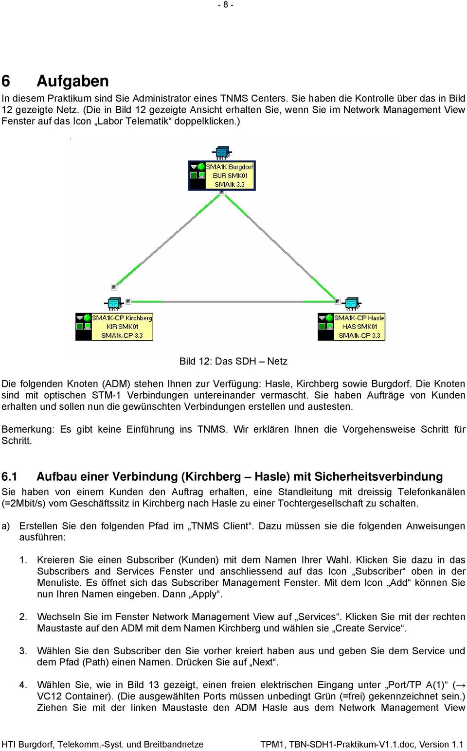 ) Bild 12: Das SDH Netz Die folgenden Knoten (ADM) stehen Ihnen zur Verfügung: Hasle, Kirchberg sowie Burgdorf. Die Knoten sind mit optischen STM-1 Verbindungen untereinander vermascht.