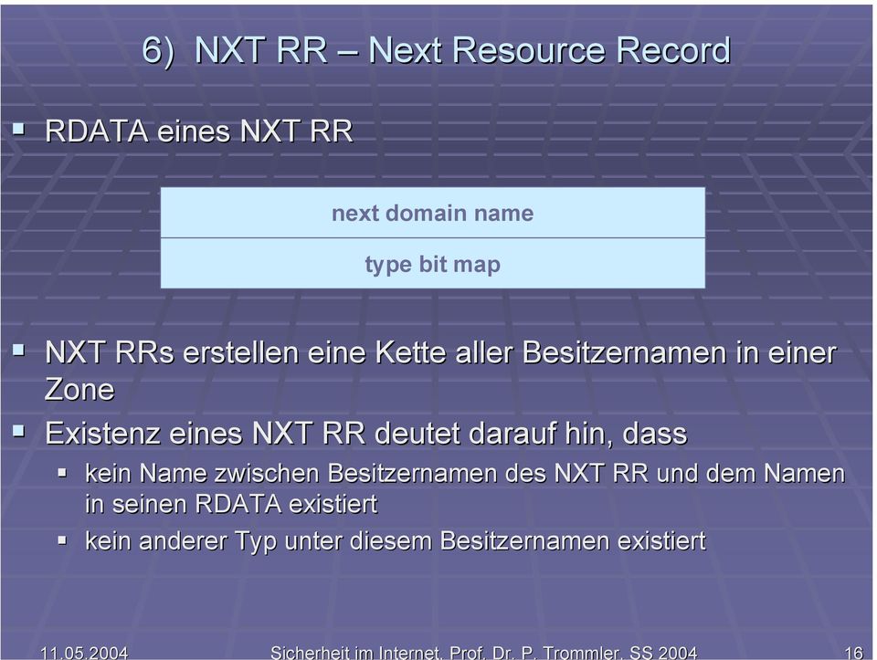 Trommler, SS 2004 16 6) NXT RR Next Resource Record RDATA eines NXT RR next domain name type bit