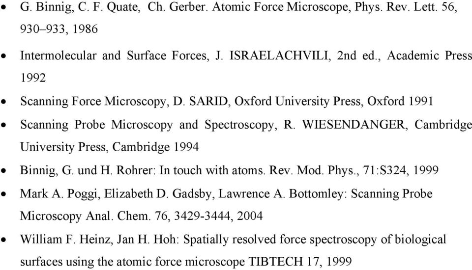 WIESENDANGER, Cambridge University Press, Cambridge 1994 Binnig, G. und H. Rohrer: In touch with atoms. Rev. Mod. Phys., 71:S324, 1999 Mark A. Poggi, Elizabeth D.
