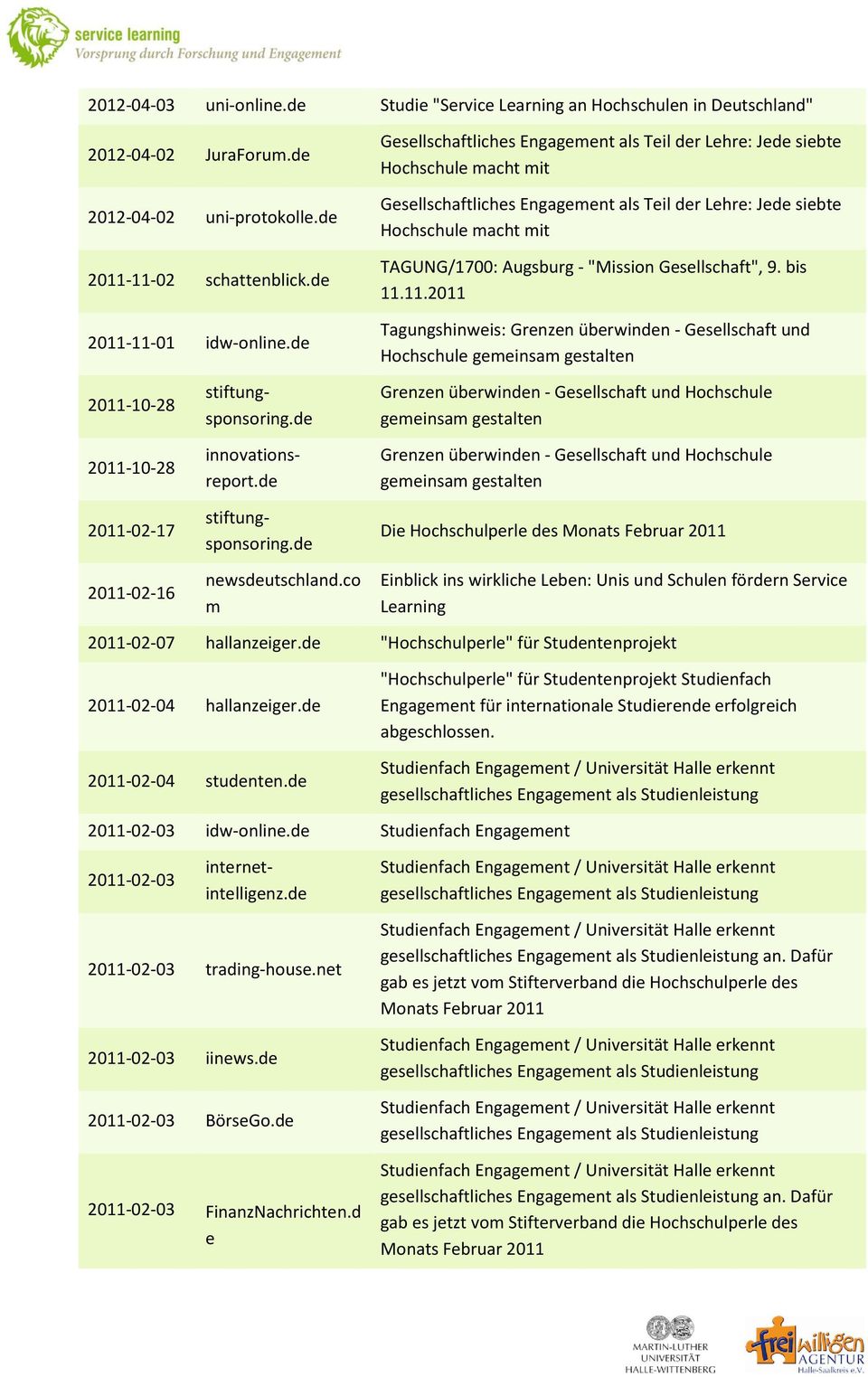 "Mission Gesellschaft", 9. bis 11.11.2011 Tagungshinweis: Grenzen überwinden - Gesellschaft und Hochschule gemeinsam gestalten 2011-10-28 2011-10-28 2011-02-17 2011-02-16 newsdeutschland.