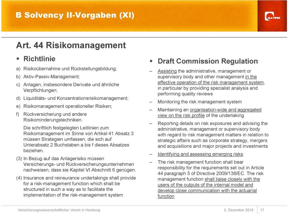 Konzentrationsrisikomanagement; e) Risikomanagement operationeller Risiken; f) Rückversicherung und andere Risikominderungstechniken.