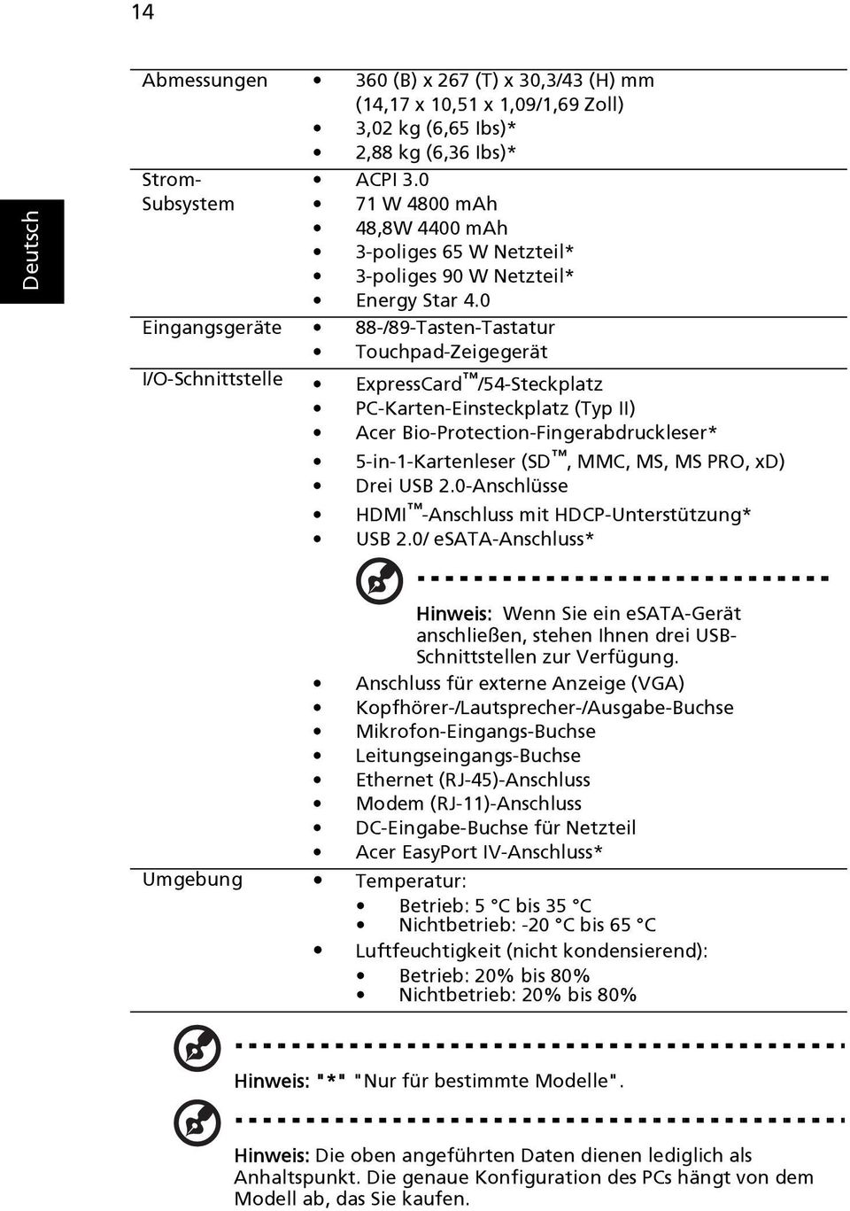 0 Eingangsgeräte 88-/89-Tasten-Tastatur Touchpad-Zeigegerät I/O-Schnittstelle ExpressCard /54-Steckplatz PC-Karten-Einsteckplatz (Typ II) Acer Bio-Protection-Fingerabdruckleser* 5-in-1-Kartenleser