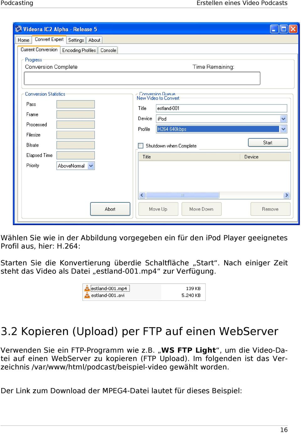 2 Kopieren (Upload) per FTP auf einen WebServer Verwenden Sie ein FTP-Programm wie z.b. WS FTP Light, um die Video-Datei auf einen WebServer zu kopieren (FTP Upload).