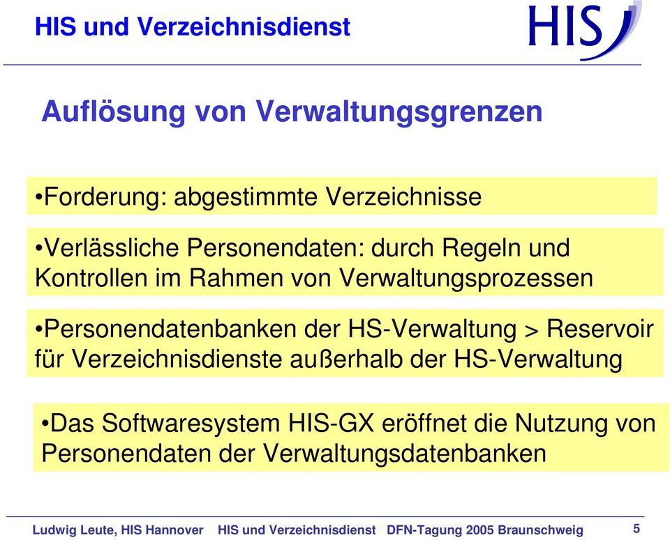 für Verzeichnisdienste außerhalb der HS-Verwaltung Das Softwaresystem HIS-GX eröffnet die Nutzung von