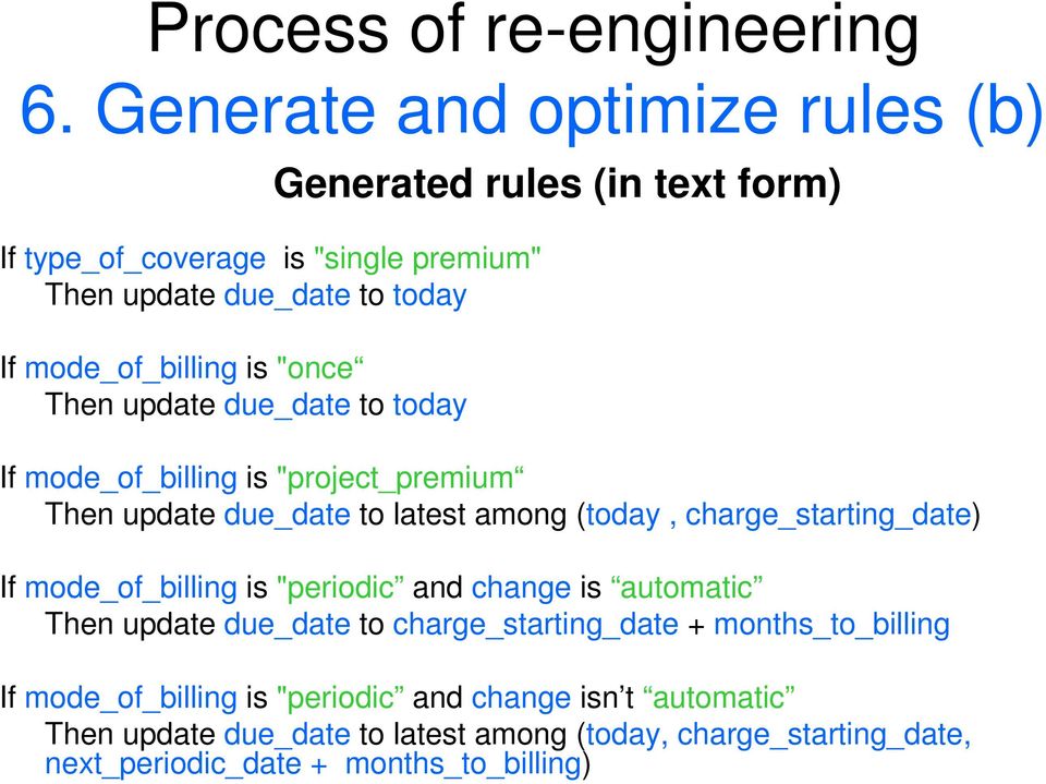 to today Generated rules (in text form) If mode_of_billing is "project_premium Then update due_date to latest among (today, charge_starting_date) If