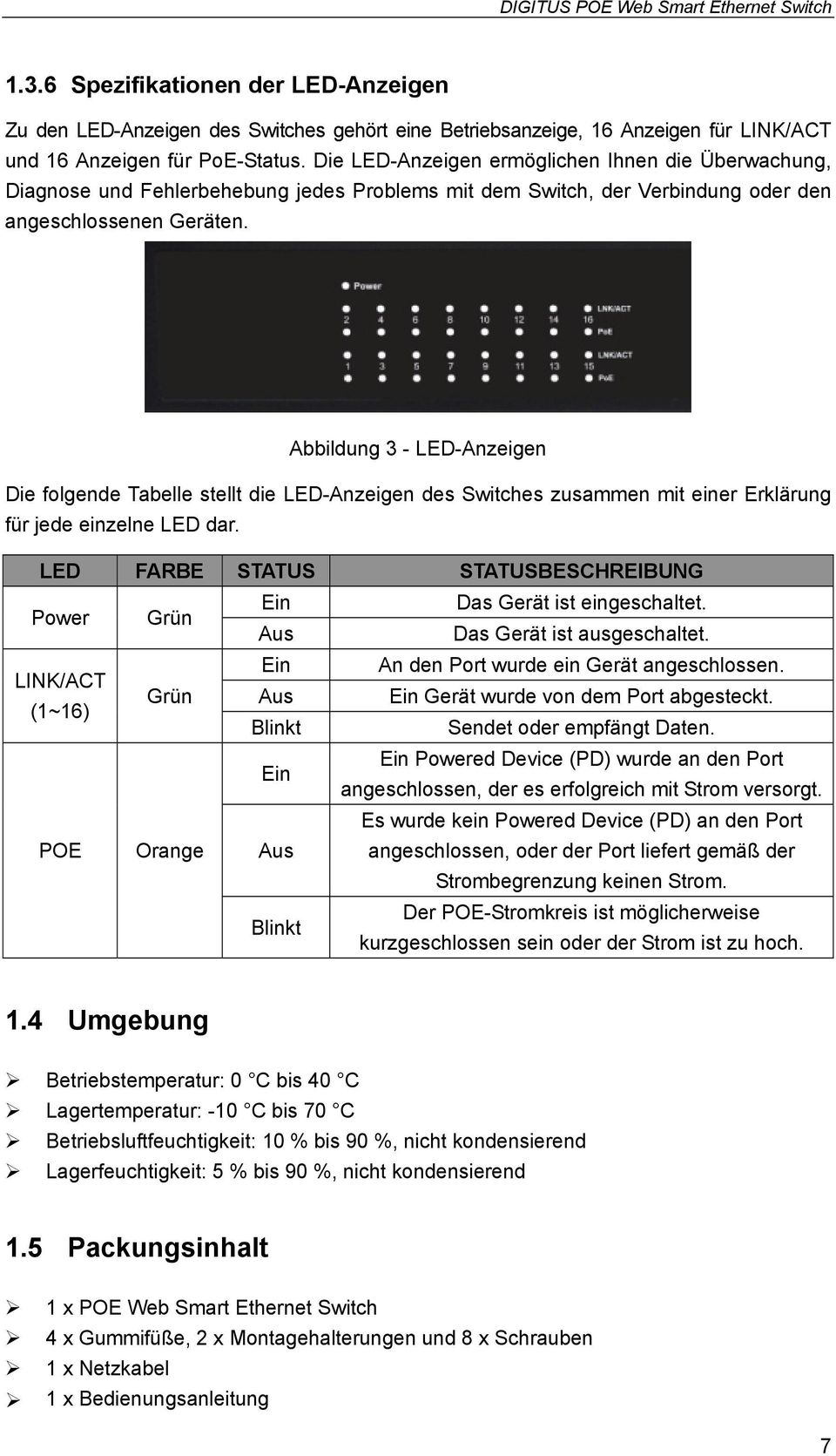 Abbildung 3 - LED-Anzeigen Die folgende Tabelle stellt die LED-Anzeigen des Switches zusammen mit einer Erklärung für jede einzelne LED dar.